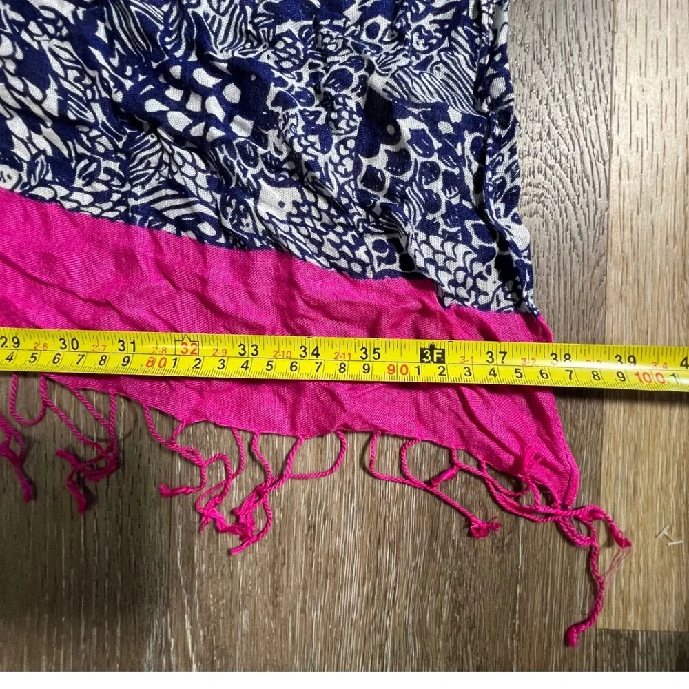Lilly Pulitzer Scarf Sarong Womens OS Pink Navy Sea Life Print Tassel Fringe
